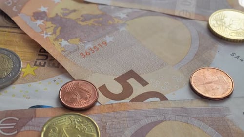 Close Up Of Euro Currency Coins and Notes