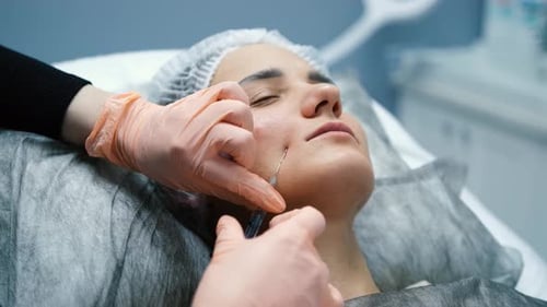 Doctor Cosmetologist Makes Injections on the Face of a Young Woman Client