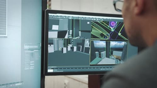 El
ingeniero constructor trabaja en la computadora con un modelo 3D, diseña el diseño del complejo residencial.