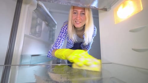 Woman Cleaning Refrigerator with Sponge and Gloves