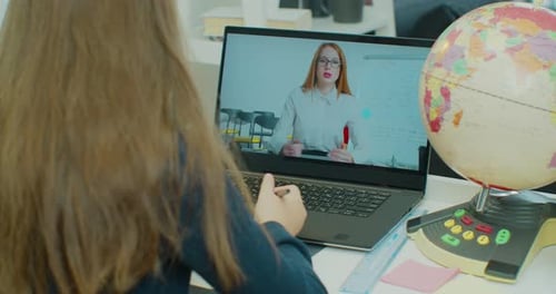 School Girl College Student Distance Learning Virtual Distance Online Lesson on Video Call with