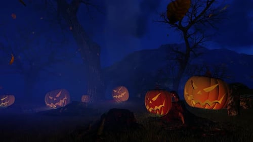 Animated Spooky Halloween Night Scene with Glowing Jack-o'-Lanterns