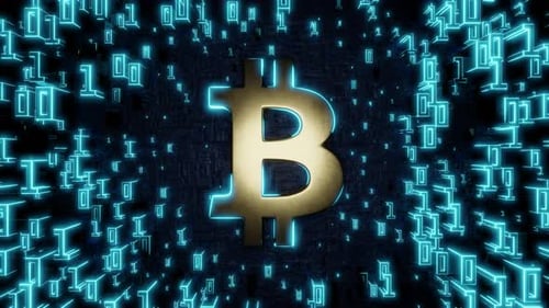 Glowing Bitcoin Symbol with Digital Binary Code Animation