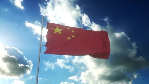 Realistic Chinese Flag Waving in Blue Sky