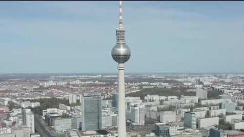 AERIAL: Wide View of Empty Berlin, Germany Alexanderplatz TV Tower with No People or Cars on