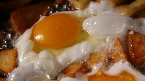 Close up Fried Eggs and Potatoes Sizzle