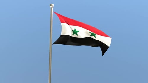Waving Syrian Flag on Flagpole With Blue Sky Background
