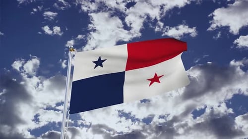 Panama National Flag Waving Loop in Blue Sky