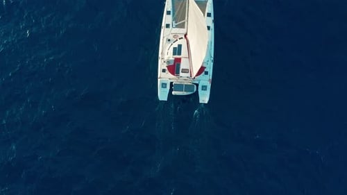 Catamarán navegando en el mar. Toma aérea del catamarán navegando en el viento