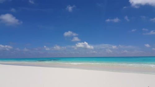 Wide angle overhead abstract view of a white sandy paradise beach and blue water background in high