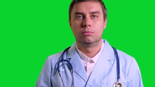 Young Doctor Stand and Doing Thumbs Up on Green Chroma Key Background