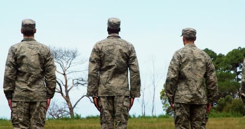 Military Figures in Camouflage Standing at Attention