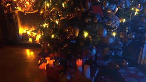 Christmas Tree with Gifts and Warm Fireplace