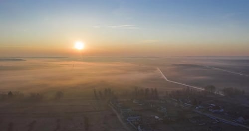 Morning Fog in the Fields in Spring, Hyperlapse From a Height