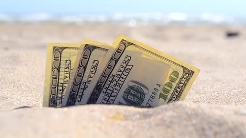 Des dollars d'argent à moitié couverts de sable se trouvent sur la plage en gros plan