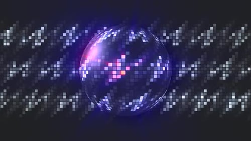Abstract animated pixel background with a spinning purple glow disco ball