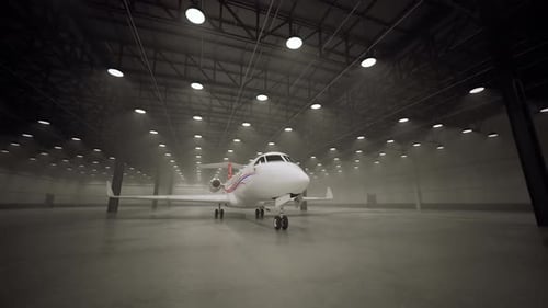 Timelapse of a private jet in the loft warehouse. Shiny, white civil aircraft.