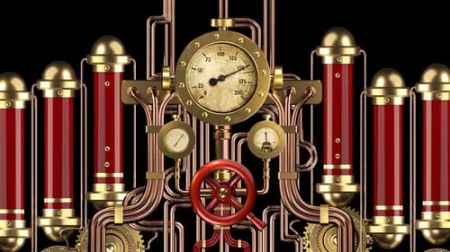 Animated Steampunk Inspired Machine with Rotating Gears and Gauges