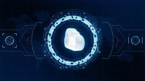 Blue digital 3D cloud computing logo with head up display and futuristic technology background