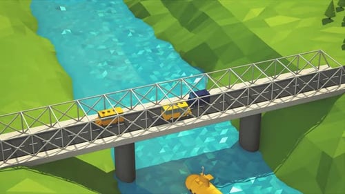 A yellow, school bus driving down the road from a city to the small, rural town.