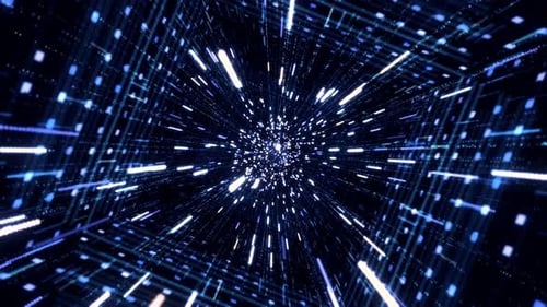 Moving through the abstract blue neon outer space tunnel