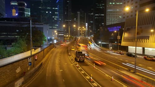 Hong Kong Night Traffic with Road Repair Work Time Lapse China