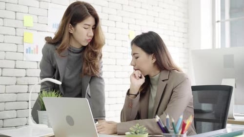 Two young Asian businesswomen working together in office.