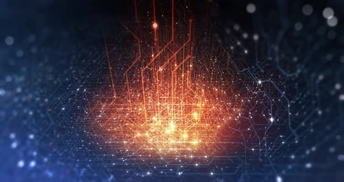 Futuristic Digital Circuit Board Connection with Glowing Data Flow