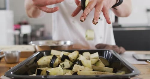 Chef Prepares Eggplant Meal in Kitchen