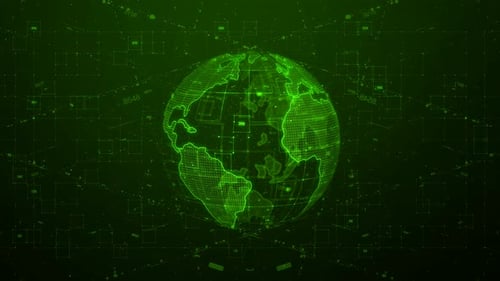 Novo holograma de cor verde, partícula digital, animado pela Terra