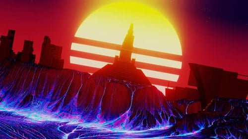 Retro-Futurismus-Stadt mit kochender Lava und Vintage-Sonne