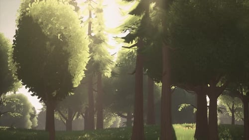 Cartoon Green Forest Landscape with Trees and Flowers