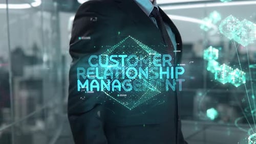 Hombre de negocios con concepto de holograma de gestión de relaciones