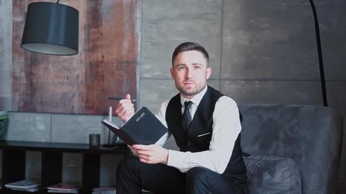 Headshot Portrait Smiling Confident Caucasian Male Businessman Being Modern Office Dark Room