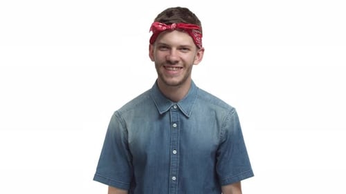 Man Smiling with Bandana on White Background