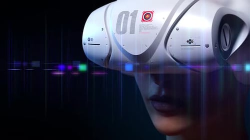 loop animation. portrait of girl in vr helmet on digital background. side view
