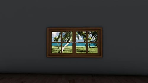 Window Opens to Reveal Tropical Beach with Palm Trees