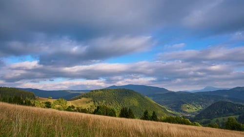 Rural landscape in the Carpathians with moving dense clouds, dry grassy meadow.