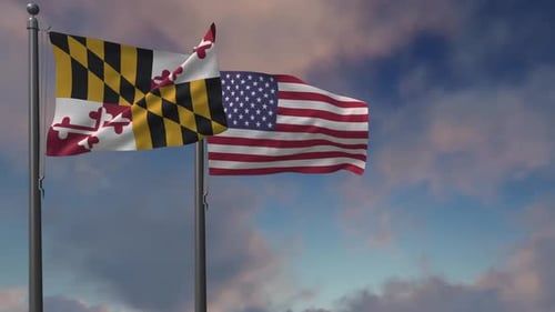 Maryland State and USA Flags Waving Realistically in Wind