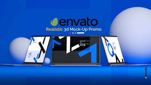 3D Laptop Mockup Promotion with Abstract Geometric Design