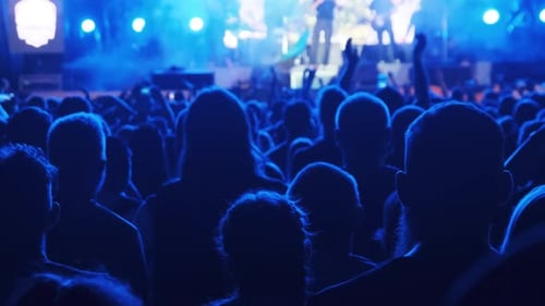 Silhouettes of Crowd of Fans at Rock Concert Near the Stage. Slow Motion