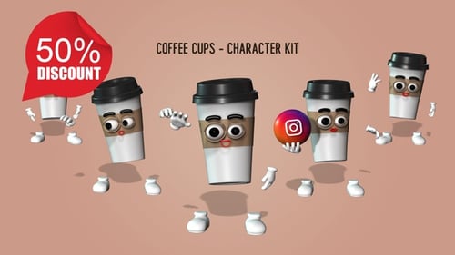 Animated 3D Coffee Cup Character Kit with Looping Actions