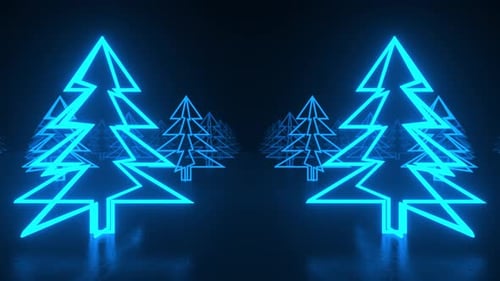 Árboles de Navidad, icono de neón azul sobre fondo negro oscuro