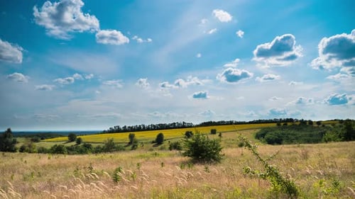 Landscape Fields and Moving Clouds in Blue Sky. Timelapse. Amazing Rural Valley. Ukraine