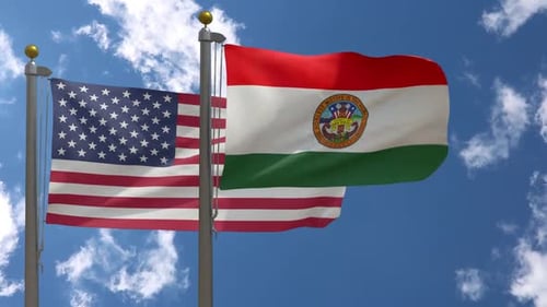 United States and Tricolor Flag with Seal Waving in Wind