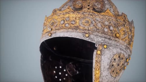 Historical Medieval Knight Helmet with Golden Ornaments Rotating