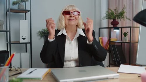 Happy Senior Business Woman Dancing Victory Dance Celebrating Weekend Holiday Success Win in Office