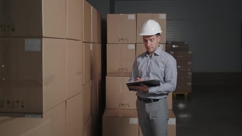 Ein Mann arbeitet in einem Lagerhaus mit Pappkartons, macht eine Bestandsaufnahme
