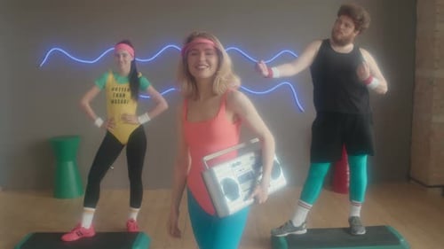 Energetic Retro Fitness Dance with Boombox and Steps