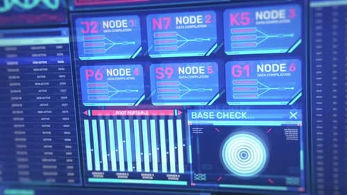 Futuristic Digital HUD Screen with Data Compilation and Processing Interface